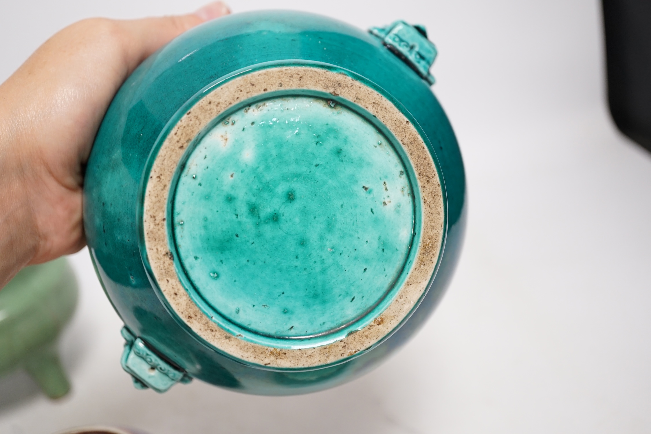 A Chinese Jun type bud vase, a crackle glaze incense burner, and three other items, largest 12cm high. Condition - fair to good